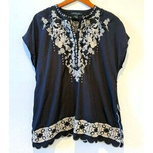 Faith of Zoe Small Women's Embroidered Black Tunic Top Floral Boho Cottagecore
